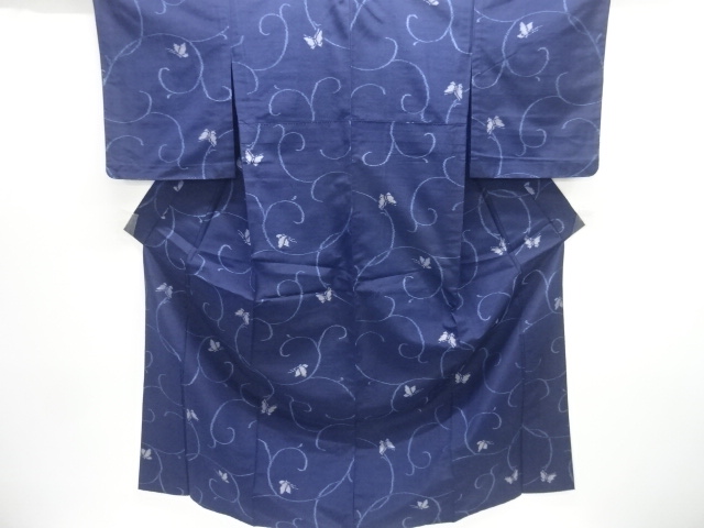 JAPANESE KIMONO / UNUSED HITOE KIMONO / SILK / TSUMUGI / WOVEN BUTTERFLY & ARABESQUE